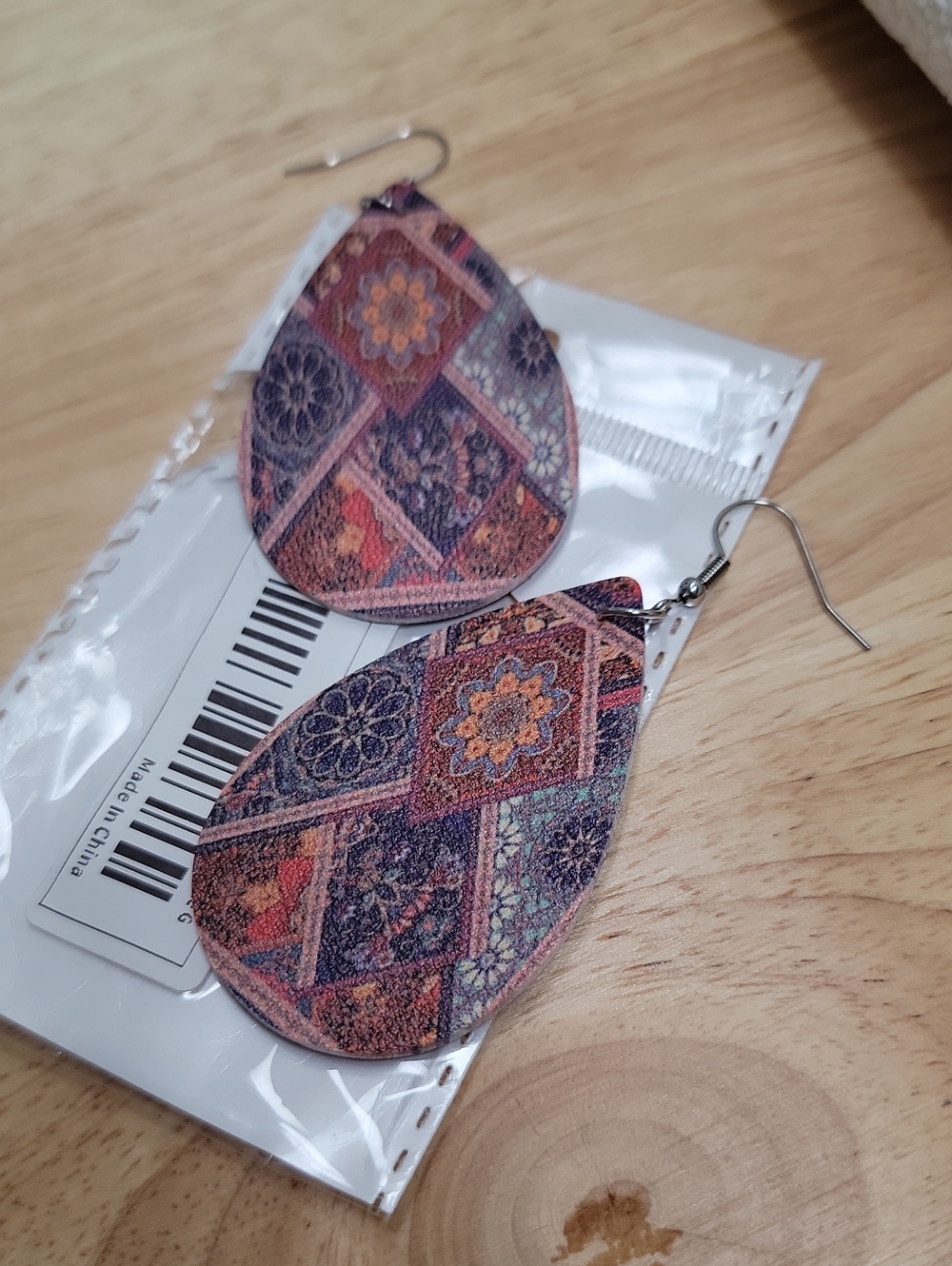 Boho Teardrop Geometric Floral Patterned Drop Earrings Colorful 2 1/4" Drop New